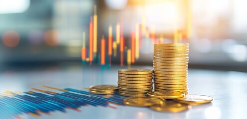 Wall Mural - Stacks of gold coins on financial chart.