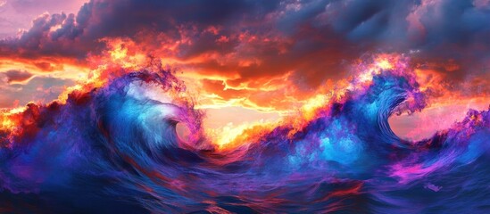 Canvas Print - Fiery sunset waves crashing, vibrant colors.