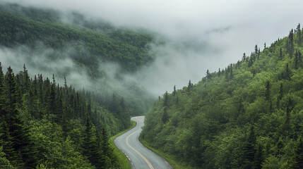 Sticker - Winding road through lush green hills and misty forest landscape