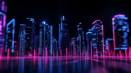 Poster - Neon cityscape at night, futuristic city skyline with glowing lines and reflections.