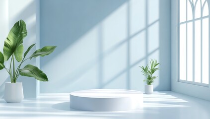 Wall Mural - minimalist white podium in light blue room with plants.