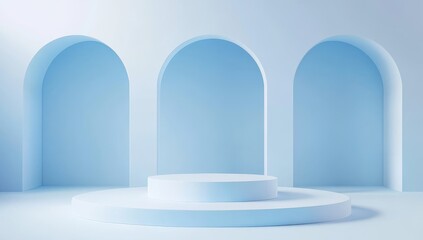 Fototapete - Minimalist blue arched display podium.