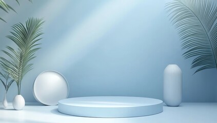 Wall Mural - light blue pastel background, product display podium, tropical leaves.