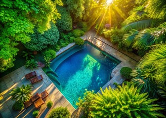 Wall Mural - Aerial View: Serene Backyard Pool Oasis, Lush Greenery, Summer Relaxation