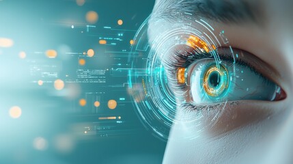 futuristic ai-powered robotic eye glowing close-up high-tech laboratory digital art sci-fi environme