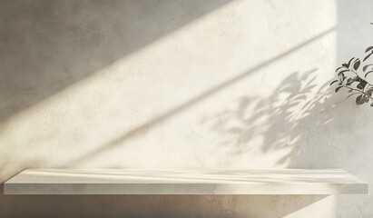 Wall Mural - minimalist shelf with sunlight and plant shadow on beige wall.