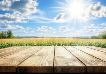 Wall Mural - sunny day, wooden table, cornfield background.