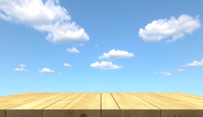 Wall Mural - wooden table against a bright blue sky with fluffy white clouds.