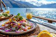 © Juri - A beautifully plated ceviche from Peru, featuring fresh fish marinated in citrus juices, with red onions, cilantro, and corn, served on a rustic wooden table by the sea