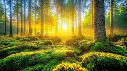 Wall Mural - a misty forest at dawn, with soft sunlight filtering through fog, casting a warm glow over moss-cove