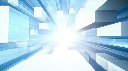 Poster - Abstract blue and white background with light rays and cubes, suggesting depth and motion.
