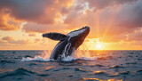 Majestic humpback whale breaching at sunset over tranquil ocean waters