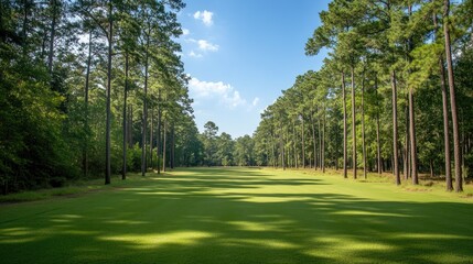 Wall Mural - a wide-angle view of a sunlit forest clearing, with tall trees surrounding a lush green meadow, offe
