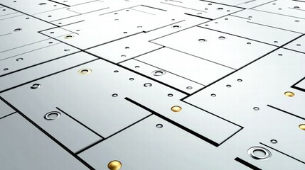 Poster - A close-up view of a metallic surface with geometric patterns and circular indentations.