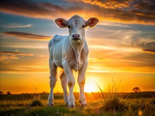 Wall Mural - Alert White Calf Silhouette - Curious Farm Animal at Dawn