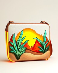 Wall Mural - Vibrant Retro-Inspired Handbag Design Featuring Desert Landscape with Bold Colors and Lush Plants for Fashion Enthusiasts and Art Aficionados