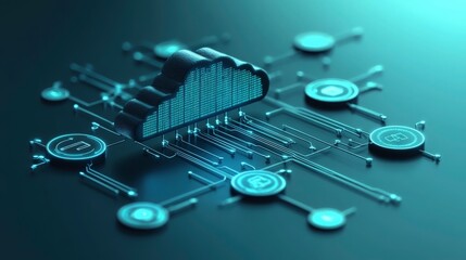 Abstract Representation of Cloud Computing with Digital Connections, Data Stream, and Network Interaction Illustrated in a Modern Futuristic Design
