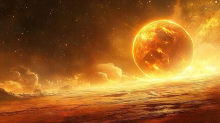 Wall Mural - fiery planet rises over desolate alien landscape