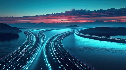 Wall Mural - Illuminated Highways Curve Through a Sunset Seascape