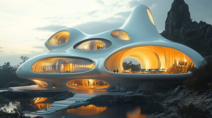 Canvas Print - Futuristic Biomorphic House by the Lake at Dusk