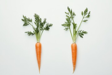 Wall Mural - Two fresh carrots with green tops on white background. (1)