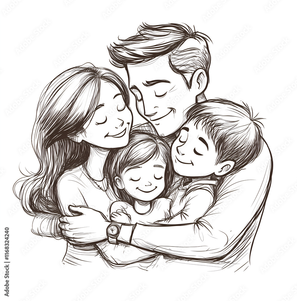 Black-and-white sketch of a happy family hugging, with a father, mother ...