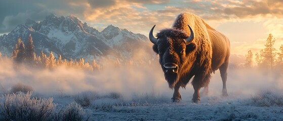 a bison standing strong in a frosty meadow, with clouds of mist rising from its breath and mountains