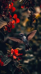 Wall Mural - Hummingbird in Flight Near Red Flowers