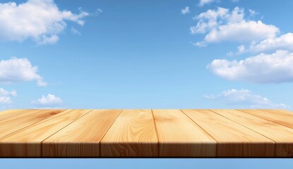 Wall Mural - Wooden table top against a bright blue sky with clouds.