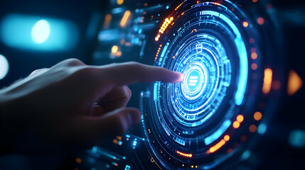 Wall Mural - a close-up of a hand interacting with an advanced holographic interface, showcasing futuristic techn