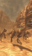 Wall Mural - A dynamic scene depicting running dinosaurs in a dusty, rocky landscape.