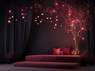 Wall Mural - valentine pink and red themed podium with a satin fabric base and glowing hearts