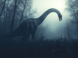 Wall Mural - A large dinosaur stands in a misty forest, creating a mysterious and prehistoric atmosphere.