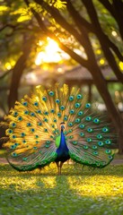 Wall Mural - A vibrant peacock displaying its colorful feathers in a sunlit park setting.