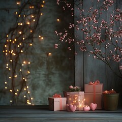 Wall Mural - valentine's display with pastel pink hearts, gift boxes, and glowing fairy lights