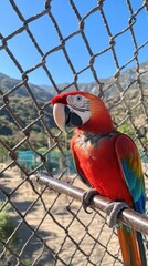 Wall Mural - A vibrant parrot perched on a railing, surrounded by a natural landscape and a fence.