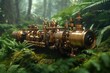 © Isuru - A steampunk contraption rests amidst lush, overgrown jungle foliage, a scene of fantastical juxtaposition.