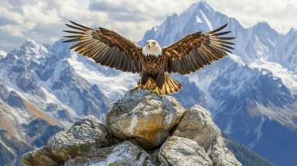 Wall Mural - A majestic eagle perched on rocks with mountains in the background, showcasing nature's beauty.