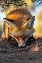 Wall Mural - A red fox with its head lowered, sniffing the ground in a natural setting.