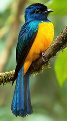 Wall Mural - A vibrant bird perched on a branch, showcasing striking blue and yellow plumage.