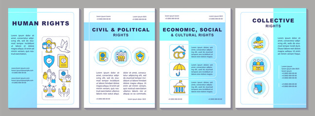 Human right types brochure template. Civil liberties, social justice. Security, privacy. Leaflet design with linear icons. Editable 4 vector layouts. Arial-Black, Myriad Pro-Regular fonts used