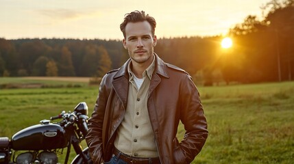 Featuring a stylish male model standing confidently in a classic leather jacket, this image captures him in front of a vintage motorcycle. The warm tones of the setting sun illuminate the scene,