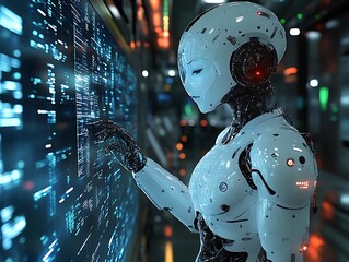 female robot interacting with a digital screen in a futuristic setting.