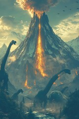 Wall Mural - A volcanic landscape with dinosaurs in a prehistoric setting.