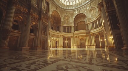 Sticker - A grand, illuminated hall with ornate architecture and polished marble flooring.