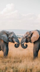 Wall Mural - Two elephants engaging in a gentle interaction in a grassy field under a soft sky.