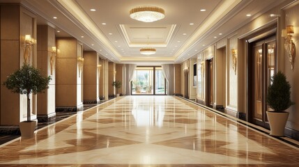 luxurious hotel corridor with marble floor, elegant lighting, and potted plants.