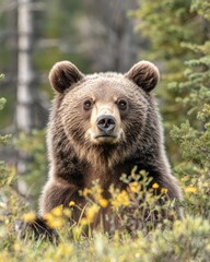 Wall Mural - A close-up of a bear in a natural setting surrounded by greenery and flowers.