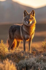 Wall Mural - A coyote stands majestically in a sunlit landscape, highlighting its natural beauty.