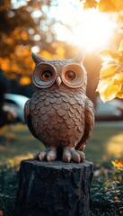 Wall Mural - A decorative owl statue perched on a tree stump, surrounded by autumn foliage and sunlight.